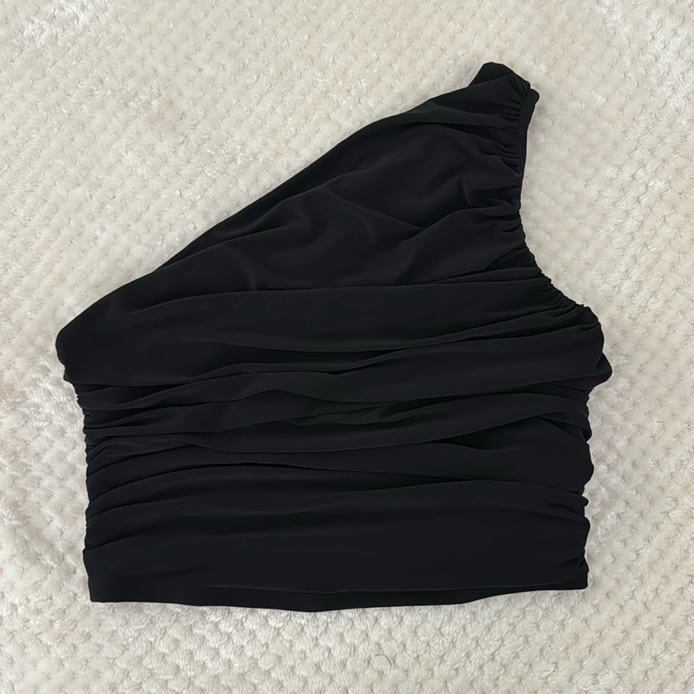 EXPRESS One Shoulder Ruched Crop Top - Black, Medium